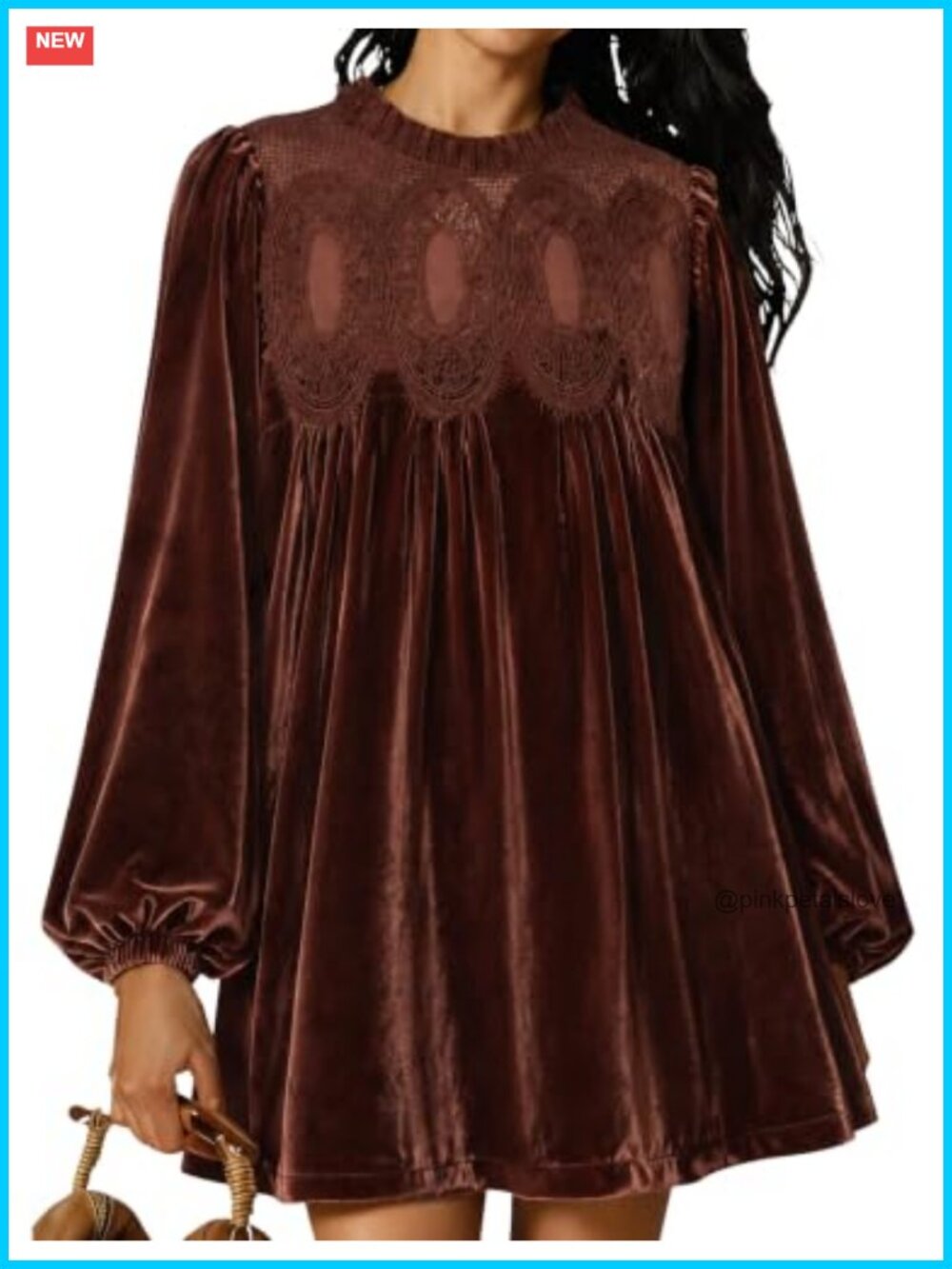 Womens A-Line Velvet Lace Pleated Babydoll Mini Dress Scallop Neck